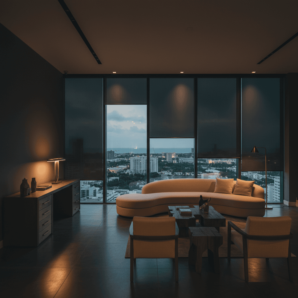 Motorized blackout roller shades in a modern Miami penthouse