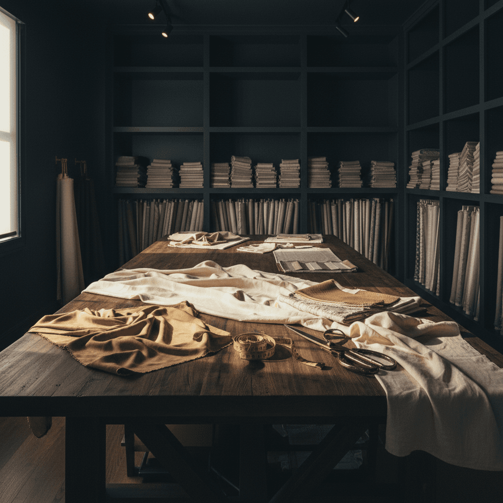 Custom drapery workroom — fabric swatches, shears, and a brass measuring tape on a cutting table