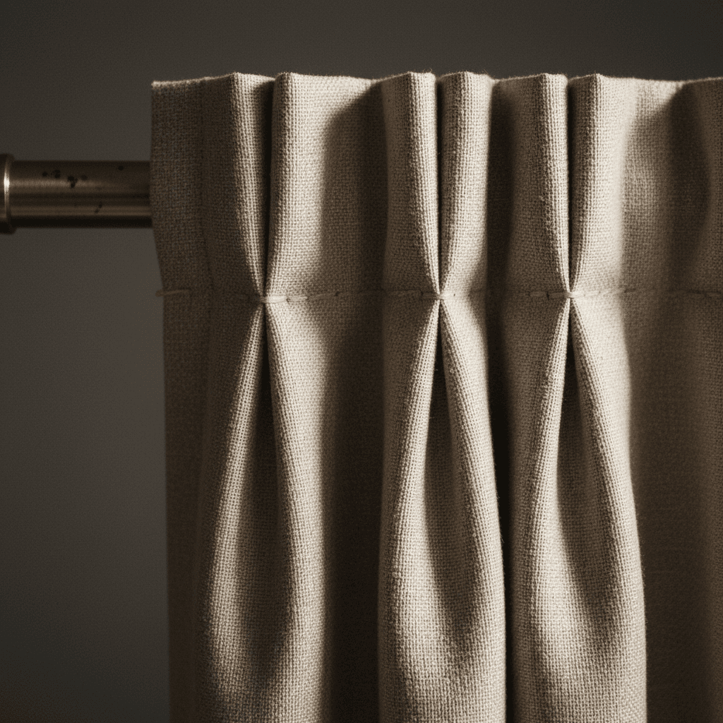 Close-up of hand-sewn triple pinch-pleat drapery heading in heavy ivory linen