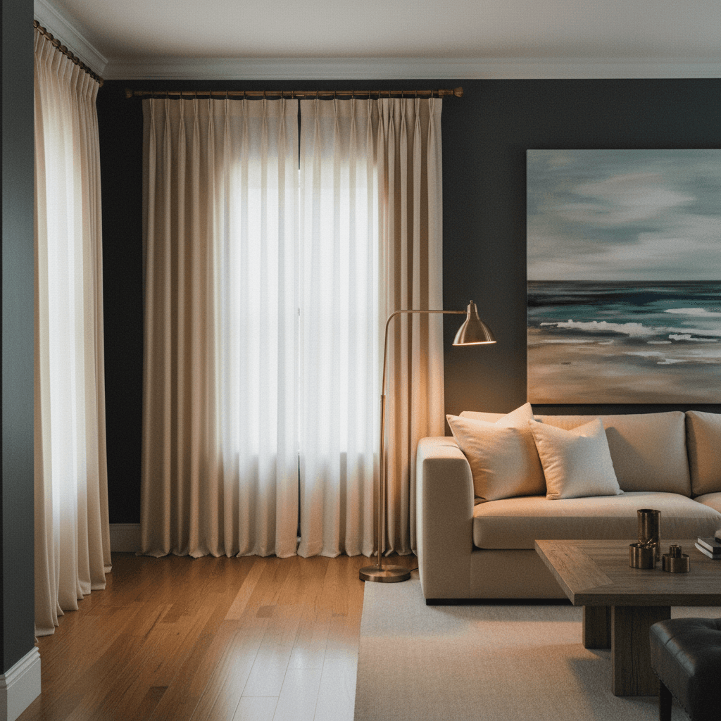 Custom floor-to-ceiling drapery in a Boca Raton living room