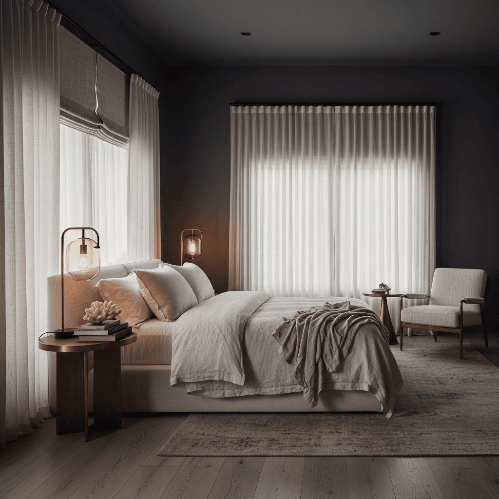 Layered roman shades and sheers in a Palm Beach master bedroom