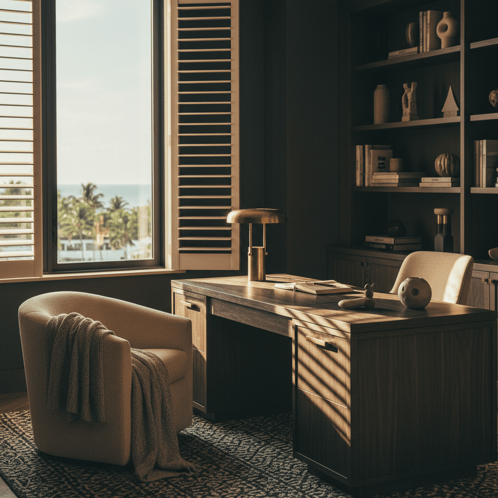 Plantation shutters casting slatted light in a Sunny Isles study