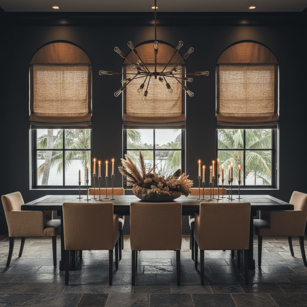Flat roman shades in taupe linen, Fort Lauderdale dining room