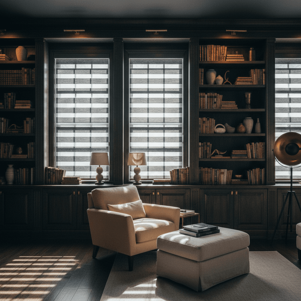 Zebra shades with geometric light pattern in a Miami study