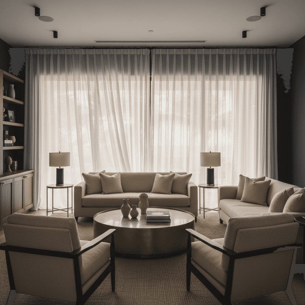 Sheer floor-to-ceiling linen curtains, Delray Beach coastal home