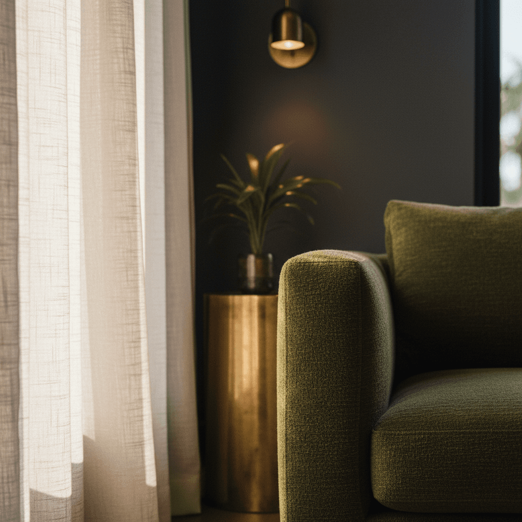 Custom upholstered chair in olive boucle beside a sheer curtain panel