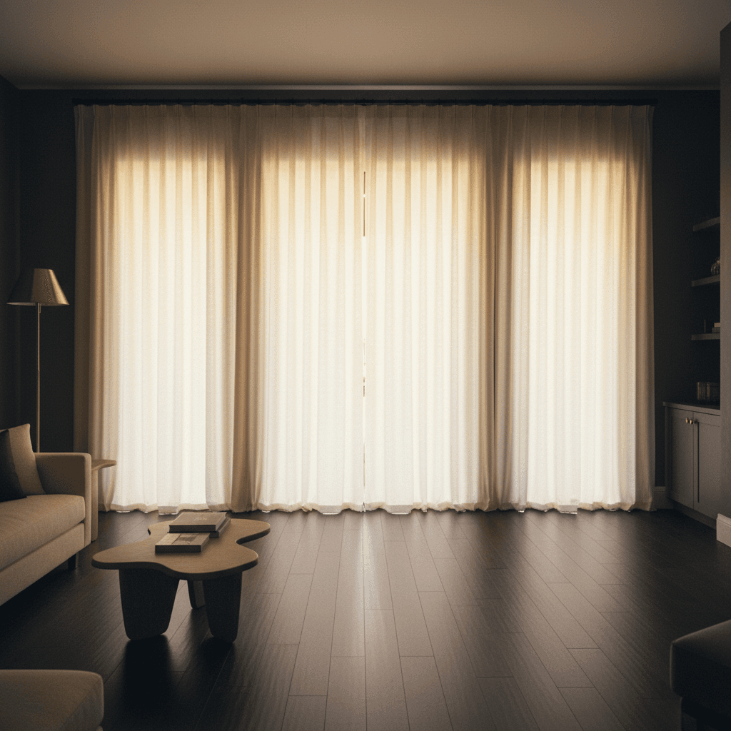 Custom floor-to-ceiling pinch-pleat linen drapery in a luxury South Florida living room