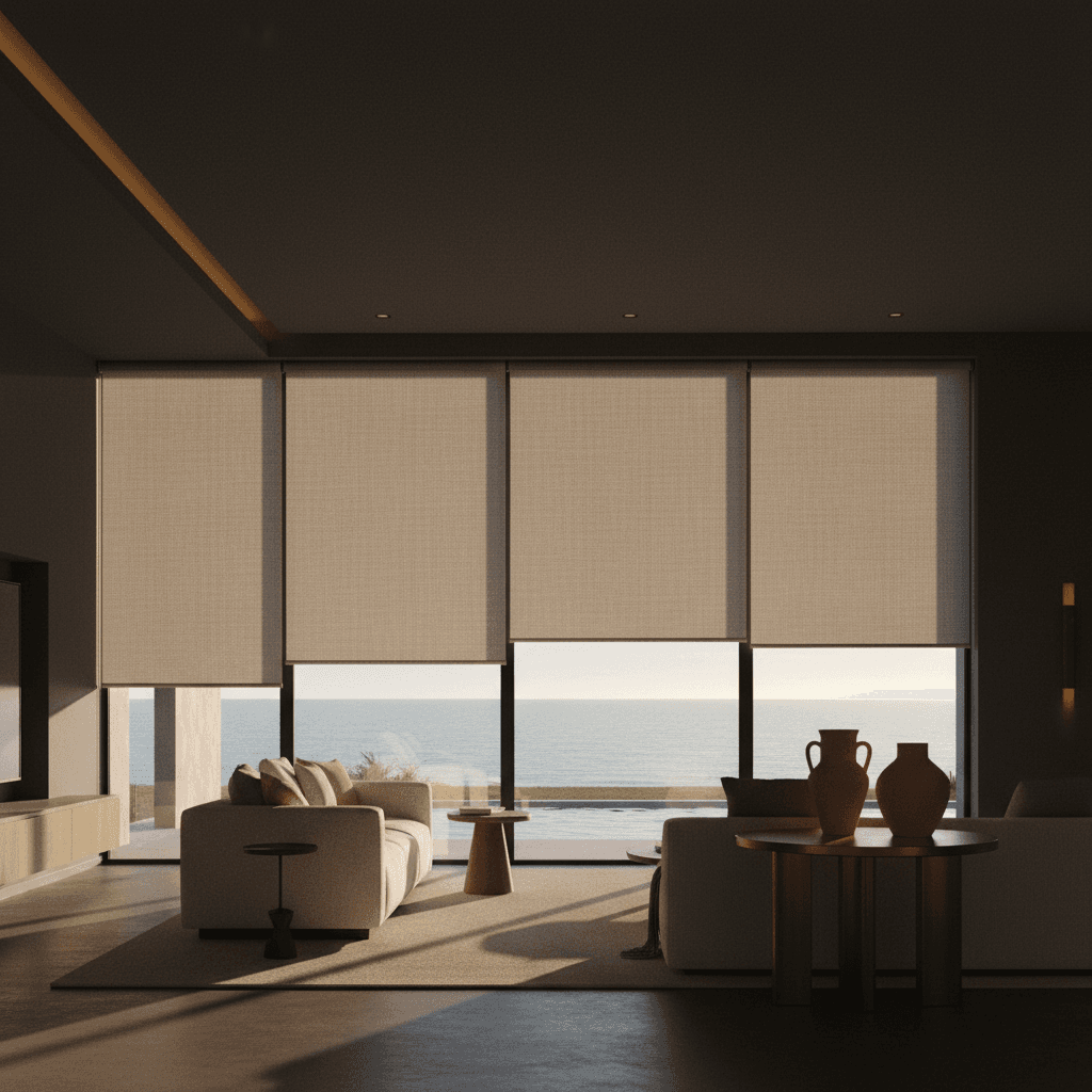 Motorized roller shades at multiple heights on floor-to-ceiling coastal windows