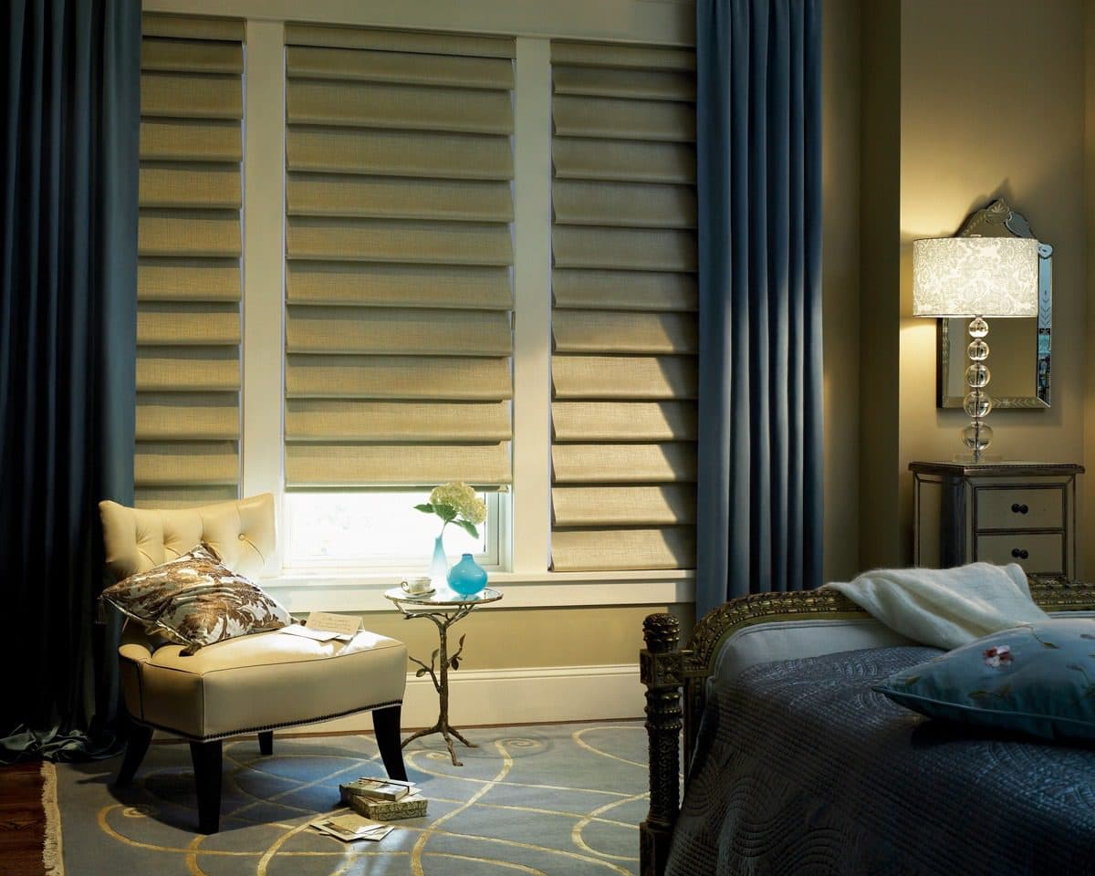 Hobbled Roman shades with tailored folds