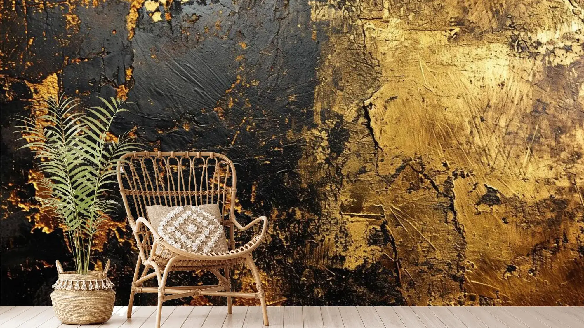 Metallic black-and-gold grunge wallcovering