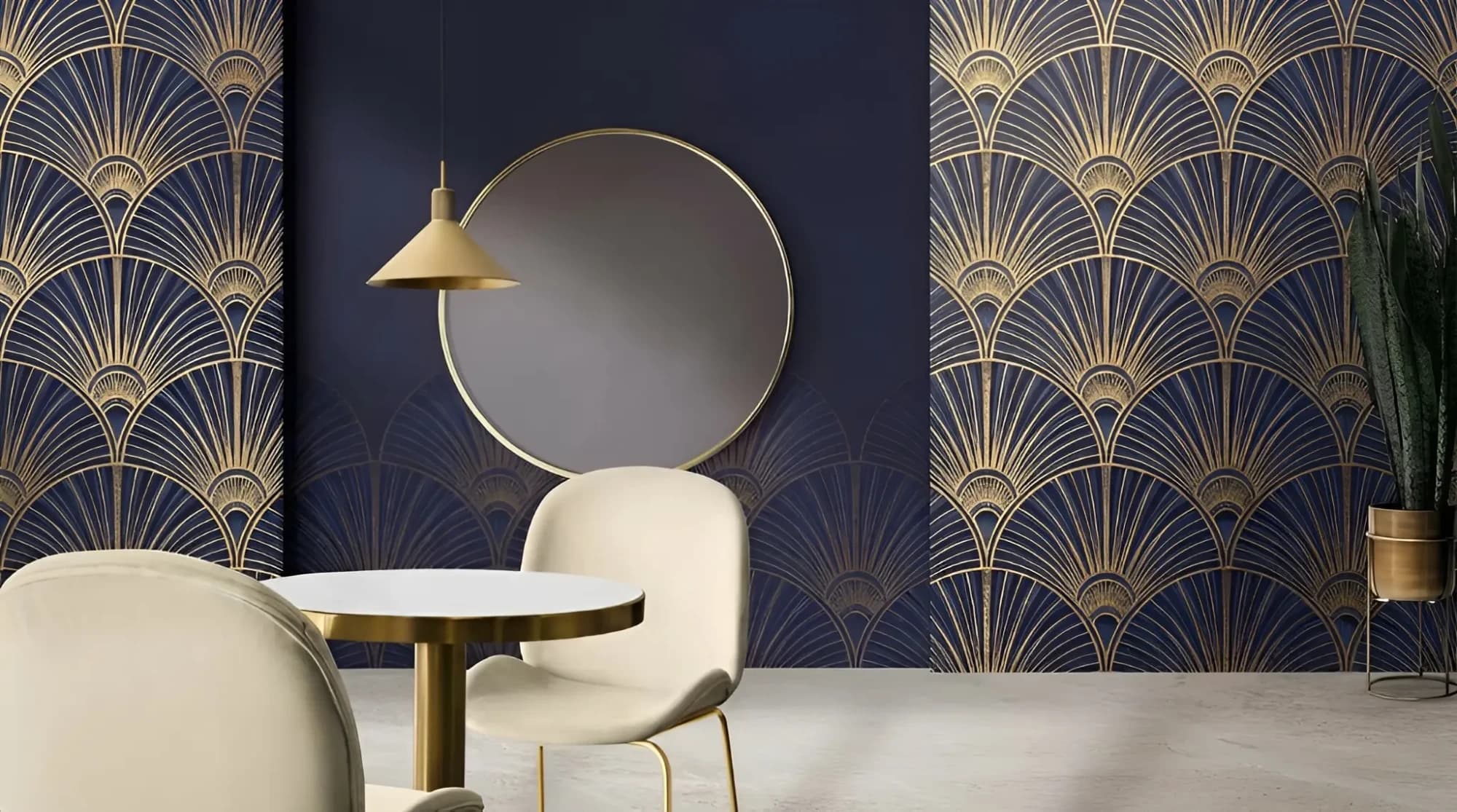 Dark blue wallpaper with gold fan pattern