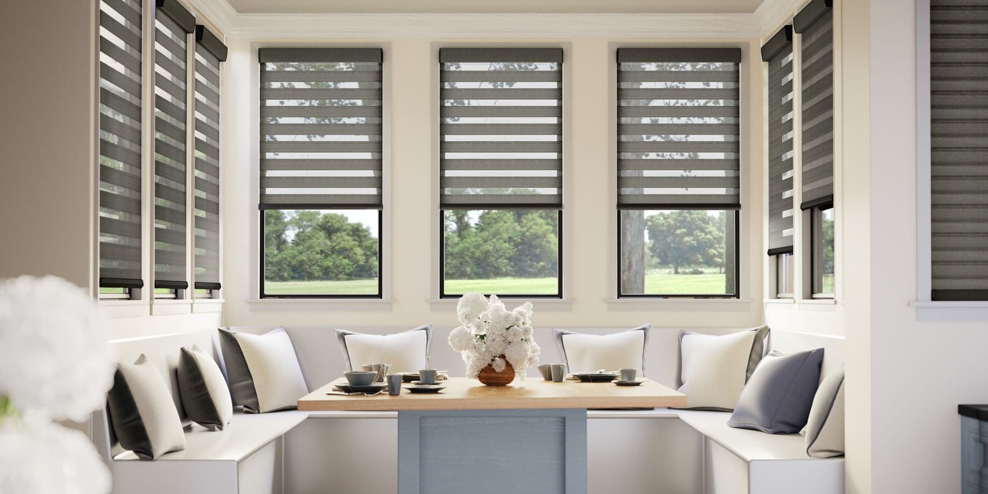Custom zebra shades in a breakfast nook