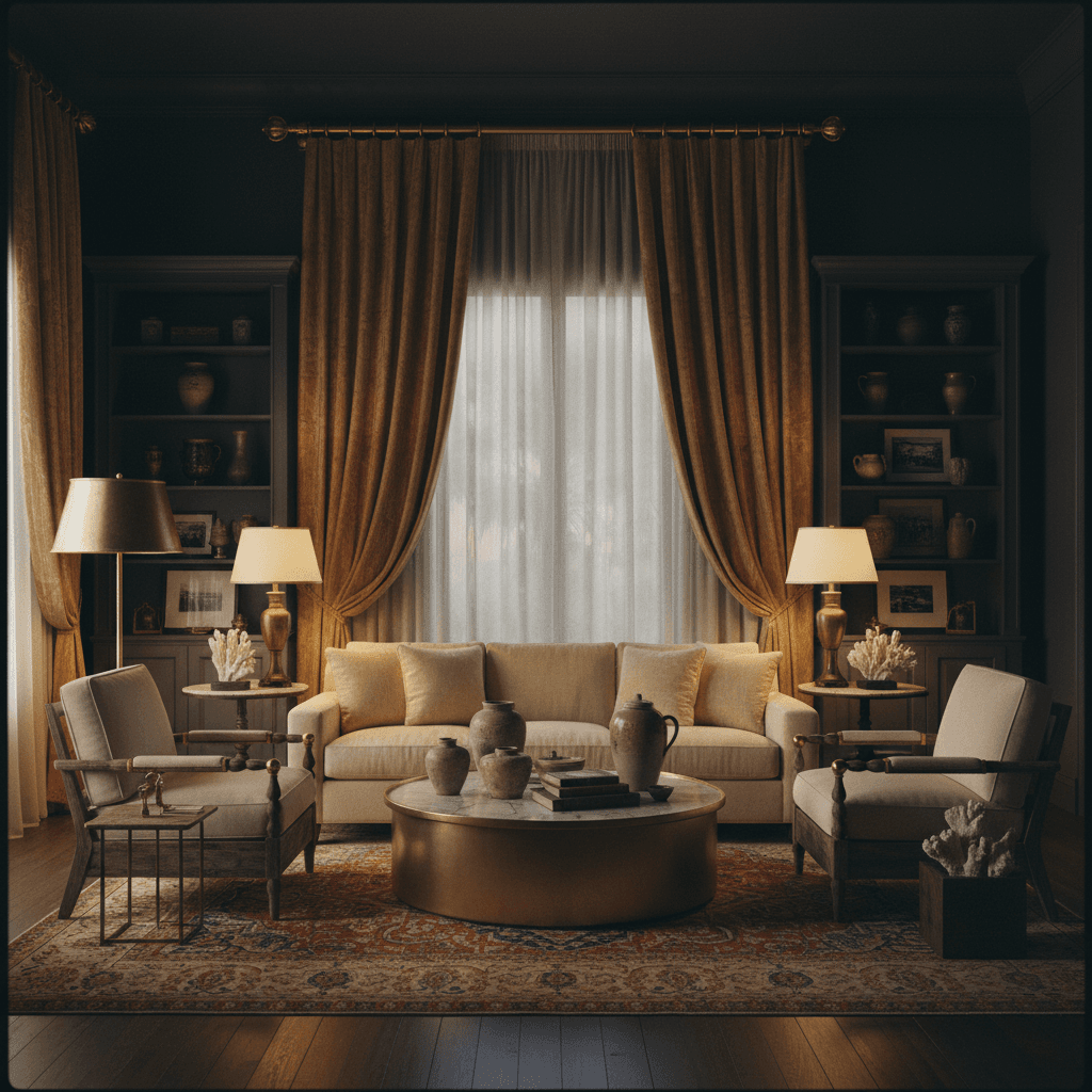 Archival 1979-era South Florida formal living room with custom velvet drapery