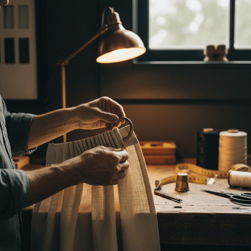 Artisan hands threading a brass drapery ring onto a pinch-pleat heading