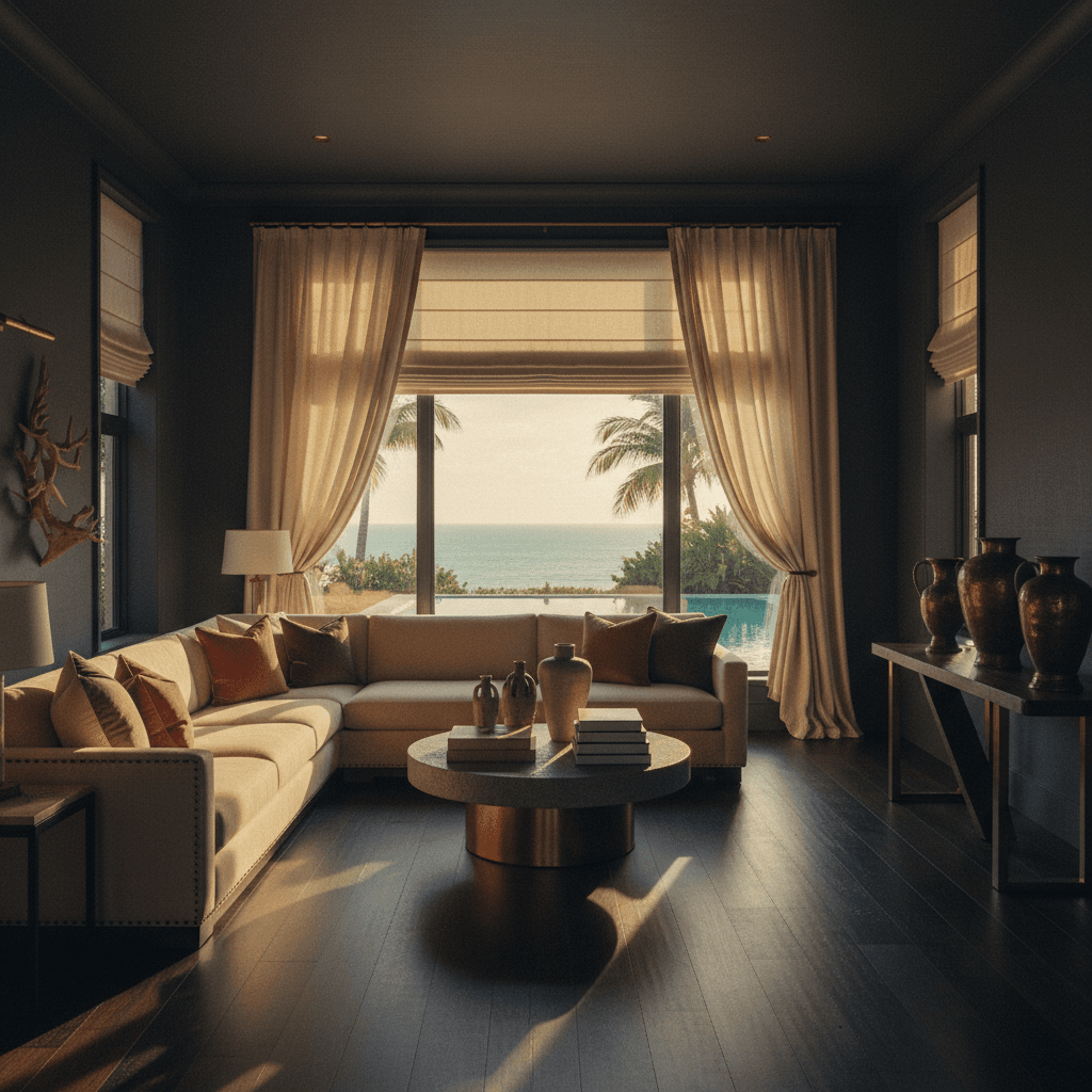 Custom drapery and motorized shades in a luxury Boca Raton coastal estate