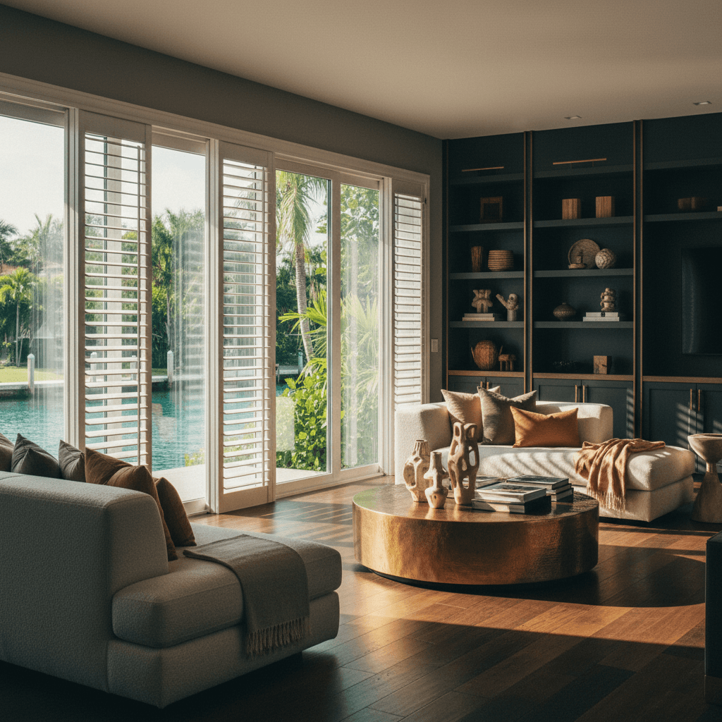 White plantation shutters on waterfront sliding doors in Fort Lauderdale
