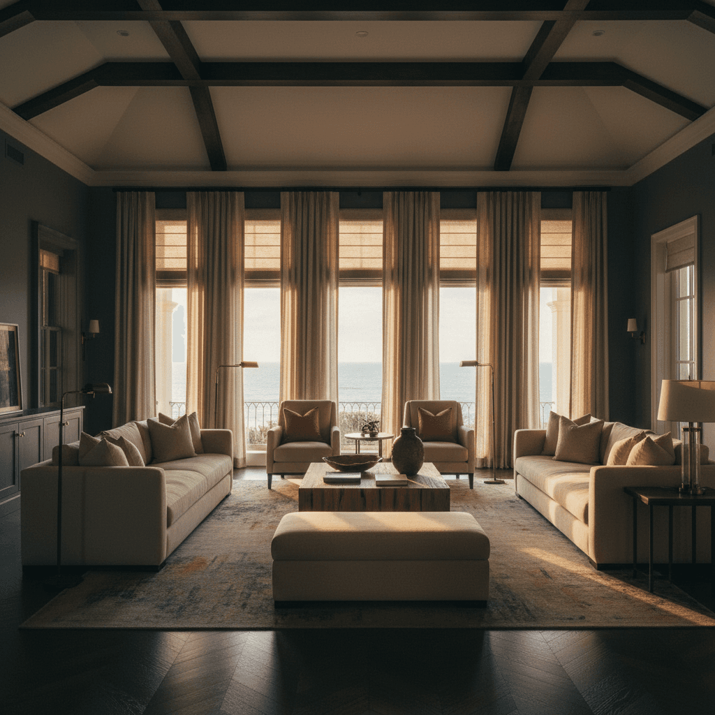 Grand oceanfront estate living room with custom floor-to-ceiling drapery and motorized shades